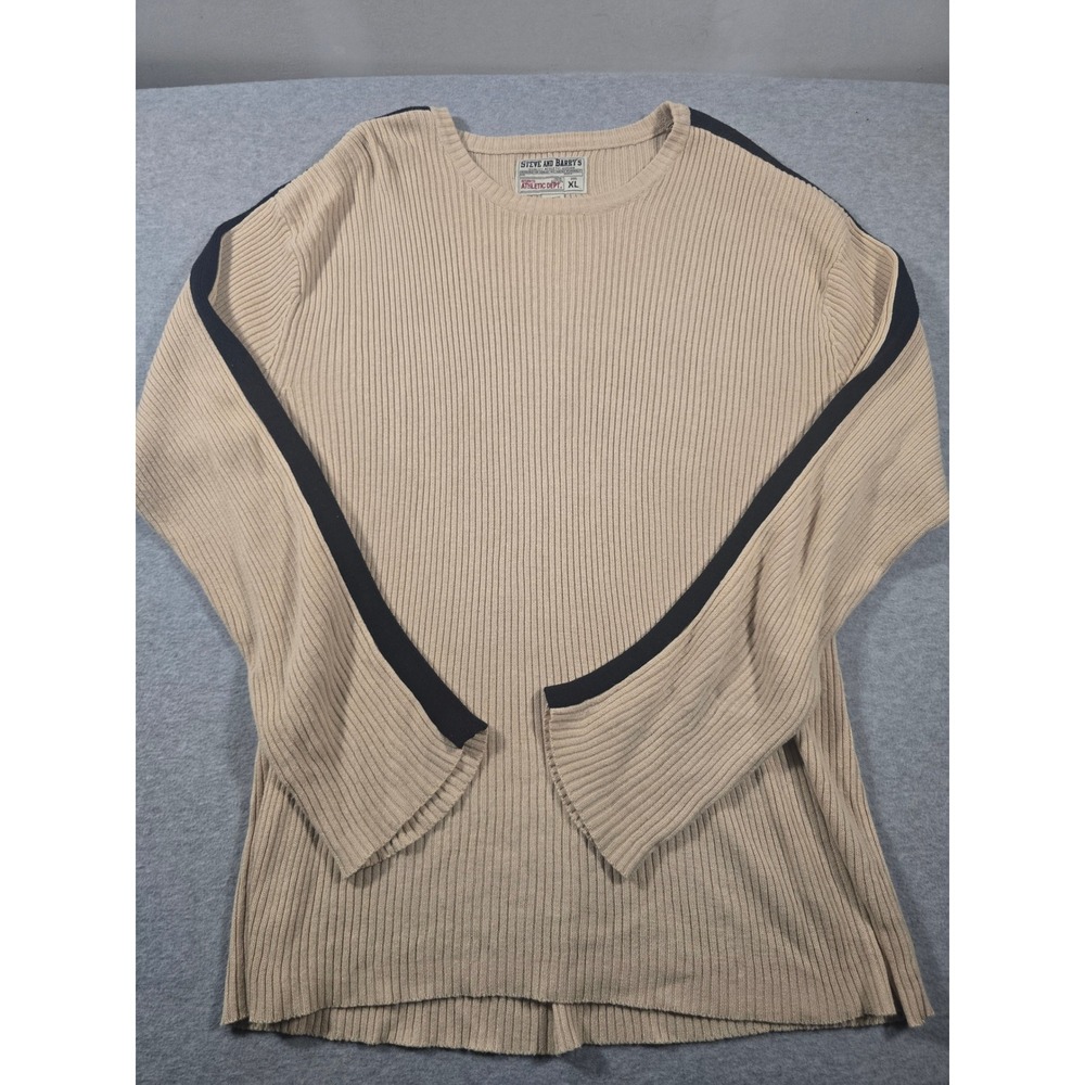 Vintage Steve and Barrys Mens XL Ribbed Knit Sweater TanBlack Stripe Long Sleeve